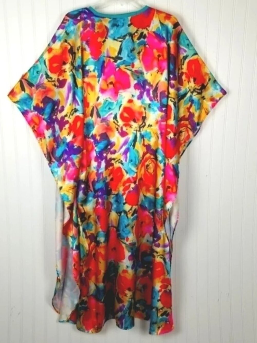 Vintage Satin Kaftan Floral Watercolor Multicolor Vibrant V Neck Loungewear Robe